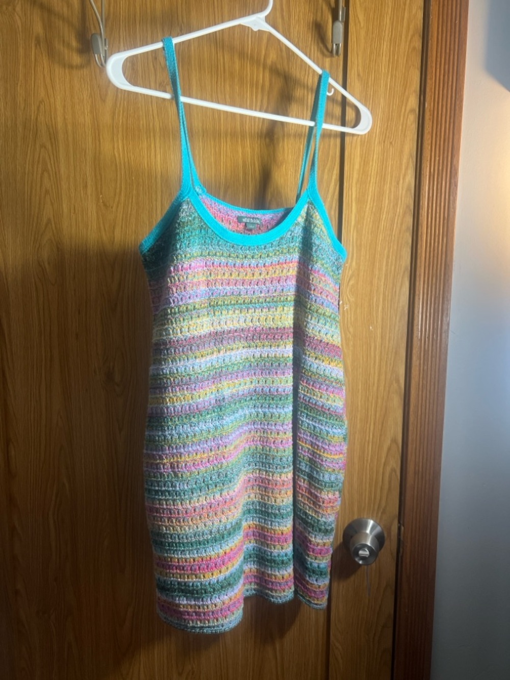 wild fable Multicolor Striped Crochet Mini Dress with Turquoise Trim
